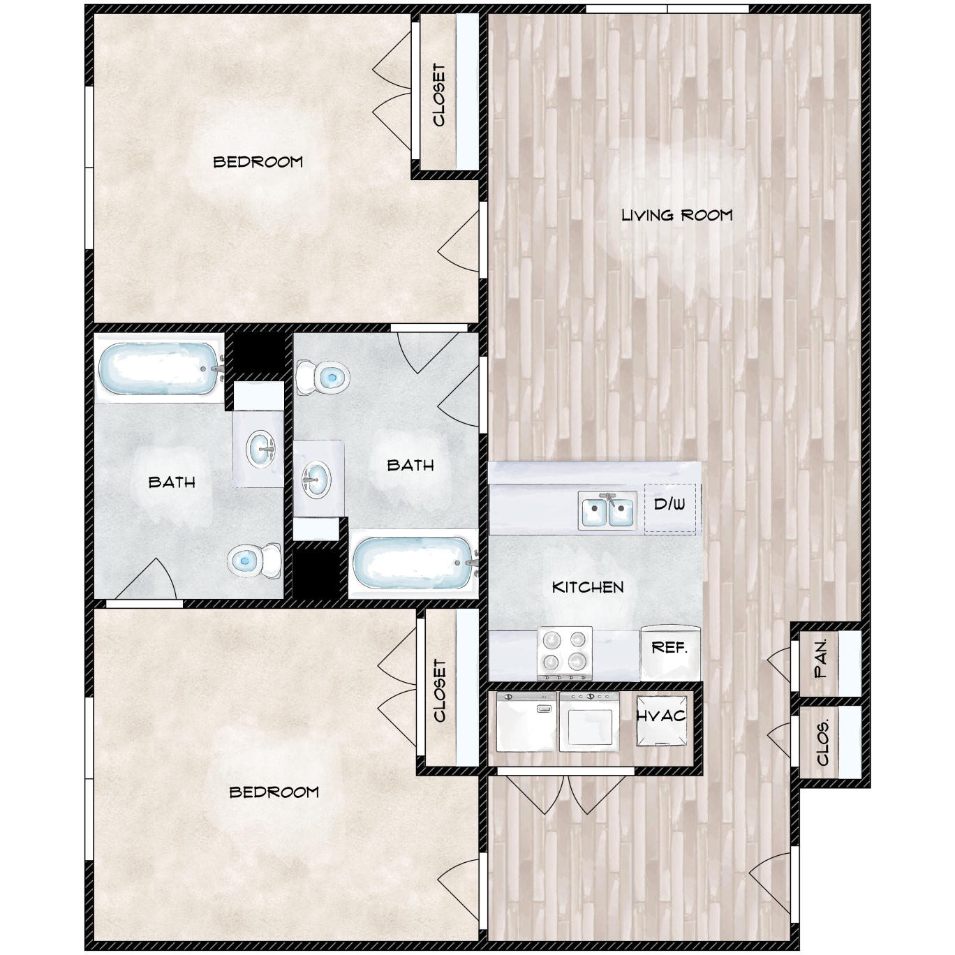 Floor plan for 2 beds, 2 baths, 1005 sqft